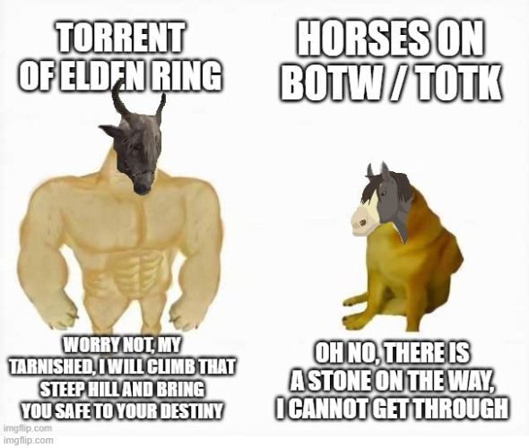 Elden Ring horse VS Breath Of The Wild / Tears Of The Kingdom horses | image tagged in horses on open worlds | made w/ Imgflip meme maker