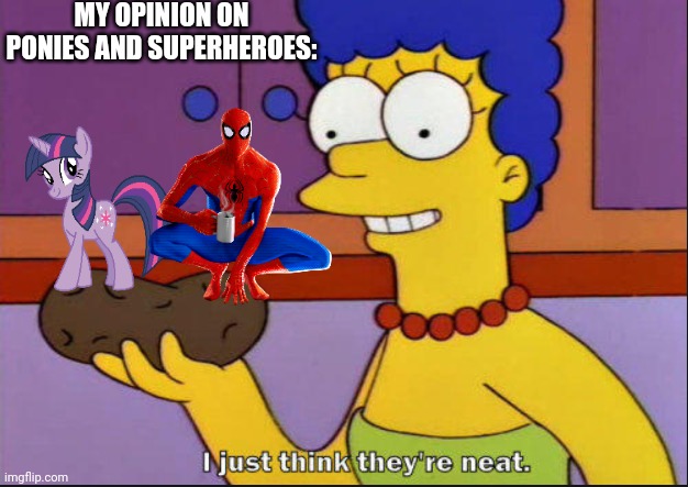 I just think they're neat | MY OPINION ON PONIES AND SUPERHEROES: | image tagged in i just think they're neat | made w/ Imgflip meme maker