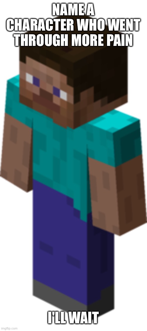 Minecraft steve | NAME A CHARACTER WHO WENT THROUGH MORE PAIN; I'LL WAIT | image tagged in minecraft steve | made w/ Imgflip meme maker