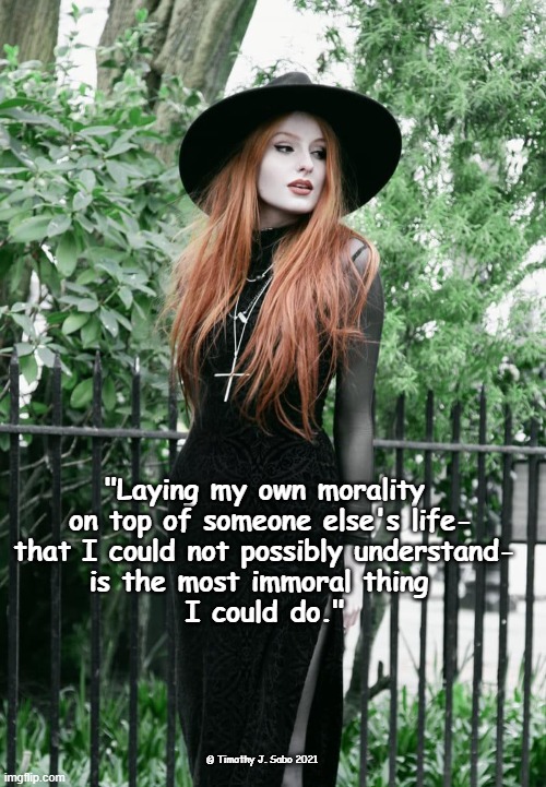 Morality | "Laying my own morality
 on top of someone else's life-
that I could not possibly understand-
is the most immoral thing 
I could do."; © Timothy J. Sabo 2021 | image tagged in morality,immoral,judgment,imposing,values | made w/ Imgflip meme maker