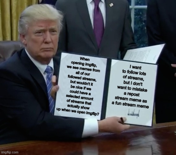 I would really like this ^-^ | I want to follow lots of streams, but I don't want to mistake a repost stream meme as a fun stream meme; When opening imgflip, we see memes from all of our followed streams, but wouldn't it be nice if we could have a selected amount of streams that actually show up when we open imgflip? | made w/ Imgflip meme maker