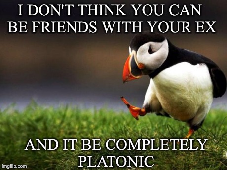 Unpopular Opinion Puffin Meme | I DON'T THINK YOU CAN BE FRIENDS WITH YOUR EX AND IT BE COMPLETELY PLATONIC | image tagged in memes,unpopular opinion puffin,AdviceAnimals | made w/ Imgflip meme maker
