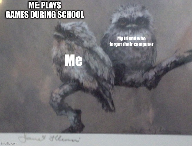 My new template | ME: PLAYS GAMES DURING SCHOOL; My friend who forgot their computer; Me | image tagged in sad owl with bossy owl | made w/ Imgflip meme maker