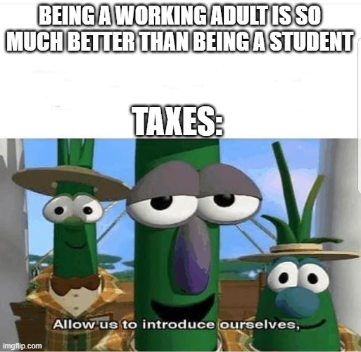 Im lucky i don't have to deal with them | BEING A WORKING ADULT IS SO MUCH BETTER THAN BEING A STUDENT; TAXES: | image tagged in allow us to introduce ourselves | made w/ Imgflip meme maker