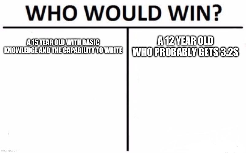 Who Would Win? Meme | A 15 YEAR OLD WITH BASIC KNOWLEDGE AND THE CAPABILITY TO WRITE A 12 YEAR OLD WHO PROBABLY GETS 3.2S | image tagged in memes,who would win | made w/ Imgflip meme maker