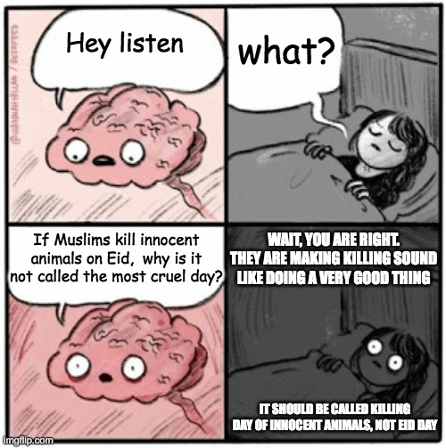 Brain Before Sleep | what? Hey listen; If Muslims kill innocent animals on Eid,  why is it not called the most cruel day? WAIT, YOU ARE RIGHT. THEY ARE MAKING KILLING SOUND LIKE DOING A VERY GOOD THING; IT SHOULD BE CALLED KILLING DAY OF INNOCENT ANIMALS, NOT EID DAY | image tagged in brain before sleep | made w/ Imgflip meme maker