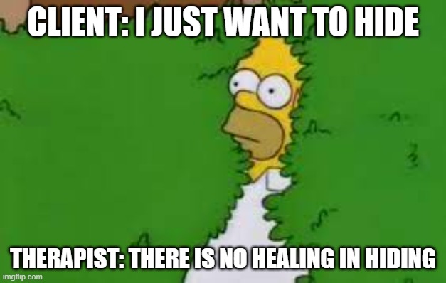 Healing | CLIENT: I JUST WANT TO HIDE; THERAPIST: THERE IS NO HEALING IN HIDING | image tagged in mental health | made w/ Imgflip meme maker