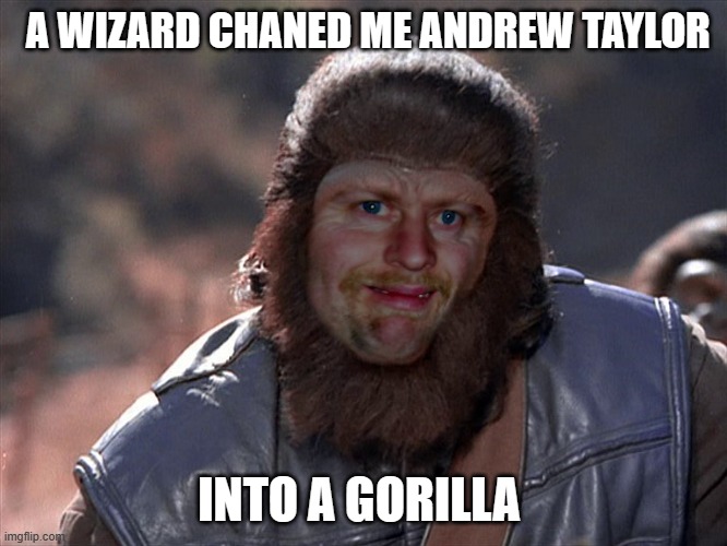 Andrew the Gorilla | A WIZARD CHANED ME ANDREW TAYLOR; INTO A GORILLA | image tagged in andrew the gorilla | made w/ Imgflip meme maker