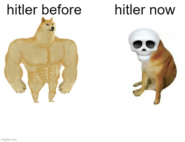 hitler: | hitler before; hitler now | image tagged in memes,buff doge vs cheems | made w/ Imgflip meme maker