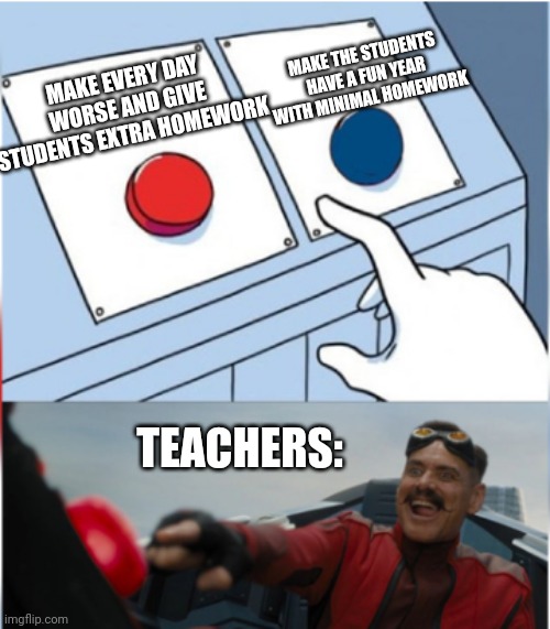 Bruh | MAKE THE STUDENTS HAVE A FUN YEAR WITH MINIMAL HOMEWORK; MAKE EVERY DAY WORSE AND GIVE STUDENTS EXTRA HOMEWORK; TEACHERS: | image tagged in robotnik pressing red button | made w/ Imgflip meme maker