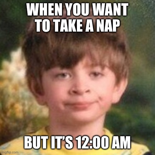 Relatable for me | WHEN YOU WANT TO TAKE A NAP; BUT IT’S 12:00 AM | image tagged in annoyed face | made w/ Imgflip meme maker