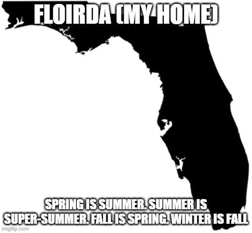 Florida | FLOIRDA (MY HOME); SPRING IS SUMMER. SUMMER IS SUPER-SUMMER. FALL IS SPRING. WINTER IS FALL | image tagged in florida | made w/ Imgflip meme maker