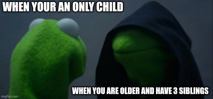 Evil Kermit Meme | WHEN YOUR AN ONLY CHILD; WHEN YOU ARE OLDER AND HAVE 3 SIBLINGS | image tagged in memes,evil kermit | made w/ Imgflip meme maker