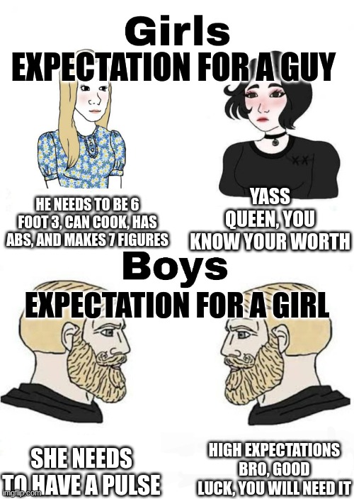 Girls vs Boys | EXPECTATION FOR A GUY; YASS QUEEN, YOU KNOW YOUR WORTH; HE NEEDS TO BE 6 FOOT 3, CAN COOK, HAS ABS, AND MAKES 7 FIGURES; EXPECTATION FOR A GIRL; HIGH EXPECTATIONS BRO, GOOD LUCK, YOU WILL NEED IT; SHE NEEDS TO HAVE A PULSE | image tagged in girls vs boys | made w/ Imgflip meme maker
