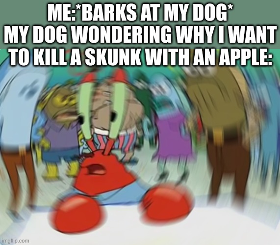 E | ME:*BARKS AT MY DOG*
MY DOG WONDERING WHY I WANT TO KILL A SKUNK WITH AN APPLE: | image tagged in memes,mr krabs blur meme | made w/ Imgflip meme maker