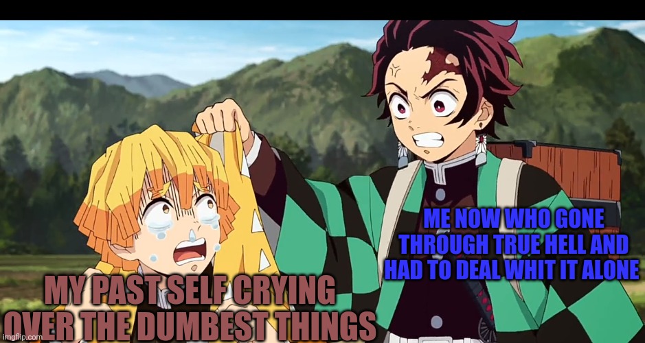I hate that guy so much ( points to past me ) | ME NOW WHO GONE THROUGH TRUE HELL AND HAD TO DEAL WHIT IT ALONE; MY PAST SELF CRYING OVER THE DUMBEST THINGS | image tagged in demon slayer,past and future | made w/ Imgflip meme maker