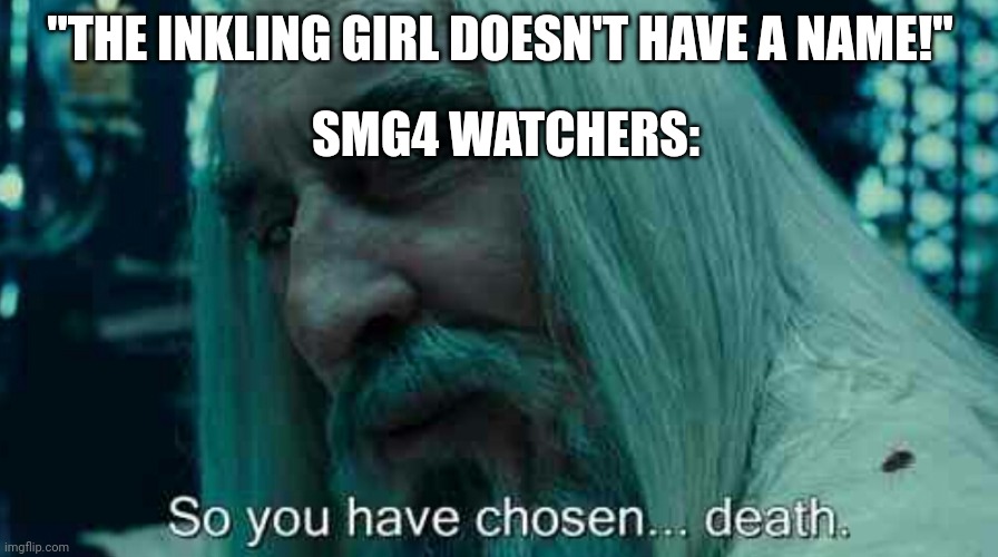 So you have chosen death | "THE INKLING GIRL DOESN'T HAVE A NAME!"; SMG4 WATCHERS: | image tagged in so you have chosen death | made w/ Imgflip meme maker