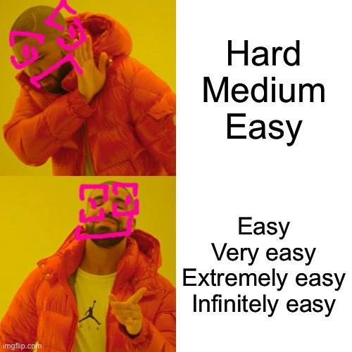 When squid tries to make a difficulty | Hard
Medium
Easy; Easy
Very easy
Extremely easy
Infinitely easy | image tagged in memes,drake hotline bling,will you snail,squid,jonas tyroller,difficulty | made w/ Imgflip meme maker