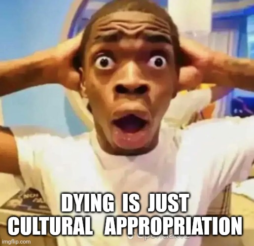 Shocked black guy | DYING  IS  JUST  CULTURAL   APPROPRIATION | image tagged in shocked black guy | made w/ Imgflip meme maker