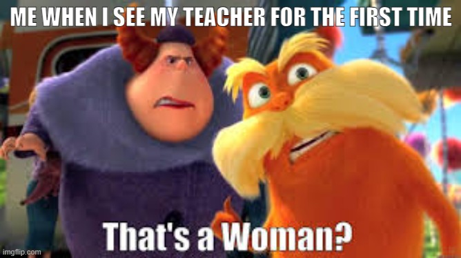 meme i made teacher annoying | ME WHEN I SEE MY TEACHER FOR THE FIRST TIME | image tagged in that's a woman | made w/ Imgflip meme maker