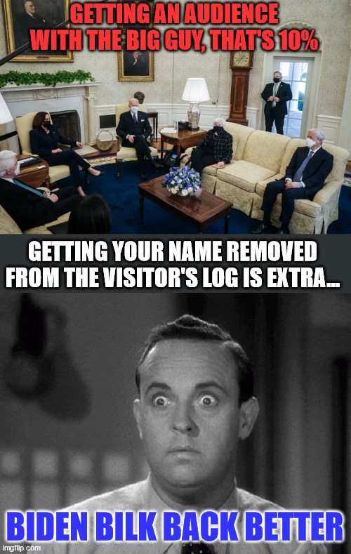Biden bilk back better | GETTING AN AUDIENCE WITH THE BIG GUY, THAT'S 10%; GETTING YOUR NAME REMOVED FROM THE VISITOR'S LOG IS EXTRA... BIDEN BILK BACK BETTER | image tagged in shocked face,crooked,joe biden,biden,crime,family | made w/ Imgflip meme maker
