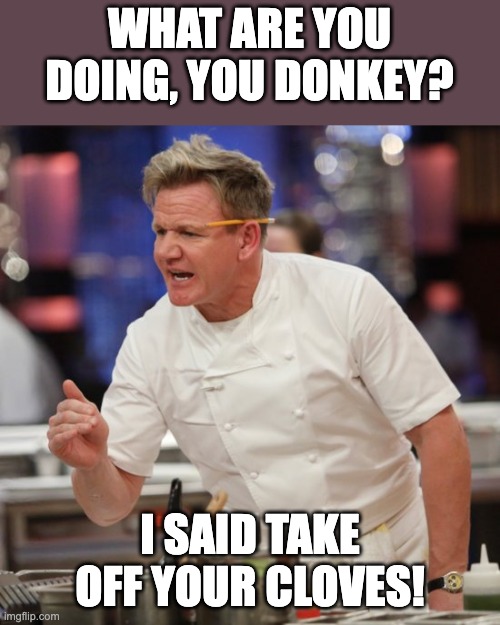 Gordon | WHAT ARE YOU DOING, YOU DONKEY? I SAID TAKE OFF YOUR CLOVES! | image tagged in gordon ramsey chef | made w/ Imgflip meme maker