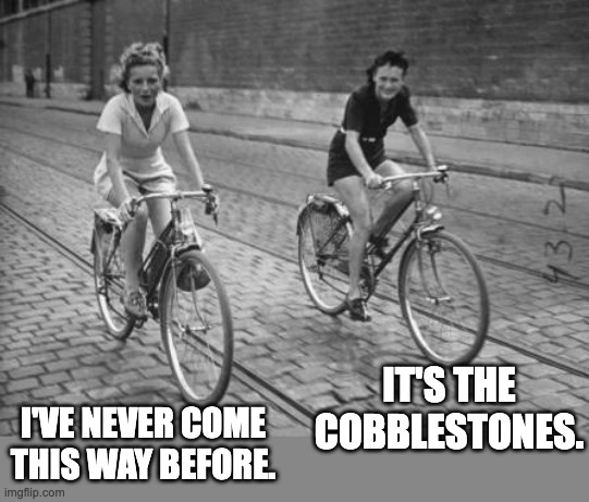 Bicycle | IT'S THE COBBLESTONES. I'VE NEVER COME THIS WAY BEFORE. | image tagged in bicycle girl | made w/ Imgflip meme maker