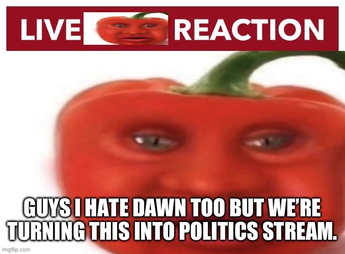 Live pepper reaction | GUYS I HATE DAWN TOO BUT WE’RE TURNING THIS INTO POLITICS STREAM. | image tagged in live pepper reaction | made w/ Imgflip meme maker