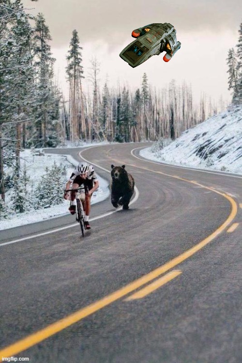 Starfleet to the Rescue | image tagged in bear chases bicyclist,funny,star trek deep space nine | made w/ Imgflip meme maker