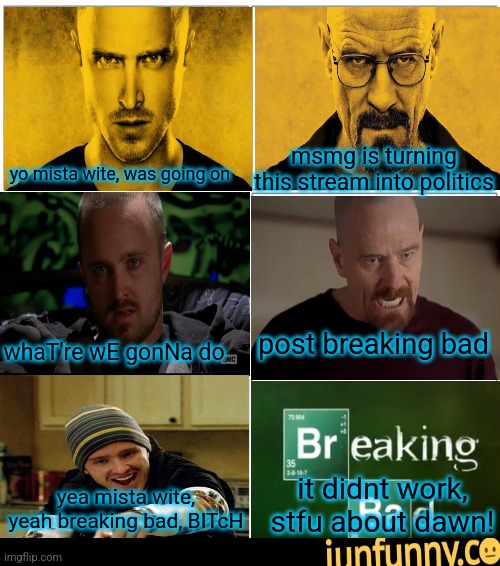 2x3 panel empty comic | msmg is turning this stream into politics; yo mista wite, was going on; post breaking bad; whaT're wE gonNa do; it didnt work, stfu about dawn! yea mista wite, yeah breaking bad, BITcH | image tagged in 2x3 panel empty comic | made w/ Imgflip meme maker