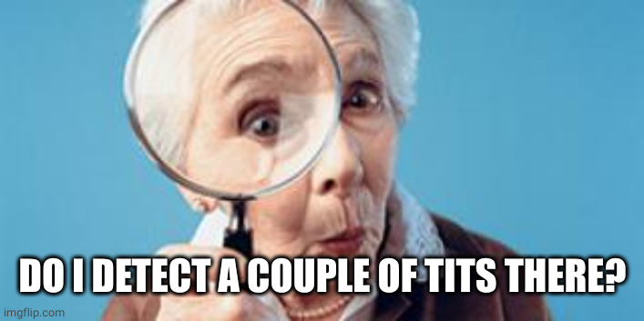Old lady magnifying glass | DO I DETECT A COUPLE OF TITS THERE? | image tagged in old lady magnifying glass | made w/ Imgflip meme maker