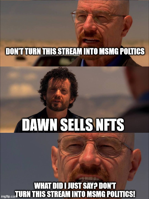 Breaking Bad - Say My Name | DON'T TURN THIS STREAM INTO MSMG POLTICS; DAWN SELLS NFTS; WHAT DID I JUST SAY? DON'T TURN THIS STREAM INTO MSMG POLITICS! | image tagged in breaking bad - say my name | made w/ Imgflip meme maker