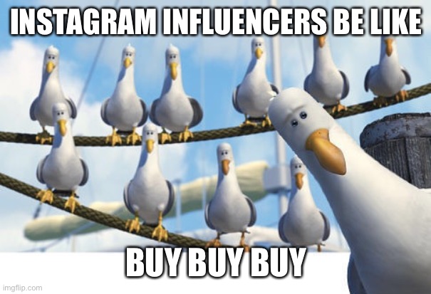 Influencers | INSTAGRAM INFLUENCERS BE LIKE; BUY BUY BUY | image tagged in finding nemo seagulls | made w/ Imgflip meme maker