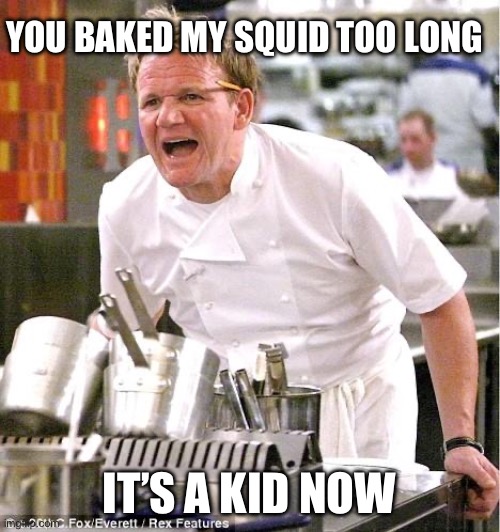 Only Splatoon players will get this | YOU BAKED MY SQUID TOO LONG; IT’S A KID NOW | image tagged in memes,chef gordon ramsay | made w/ Imgflip meme maker