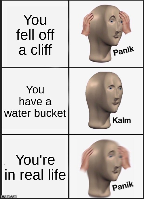 Panik Kalm Panik Meme | You fell off a cliff; You have a water bucket; You're in real life | image tagged in memes,panik kalm panik | made w/ Imgflip meme maker