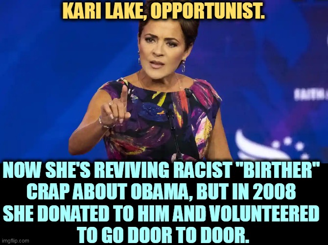Are there no sane Republicans left? Are they all Whackadoodles? | KARI LAKE, OPPORTUNIST. NOW SHE'S REVIVING RACIST "BIRTHER" 
CRAP ABOUT OBAMA, BUT IN 2008 
SHE DONATED TO HIM AND VOLUNTEERED 
TO GO DOOR TO DOOR. | image tagged in kari lake,opportunity,campaign,vice president,trump,nasty | made w/ Imgflip meme maker