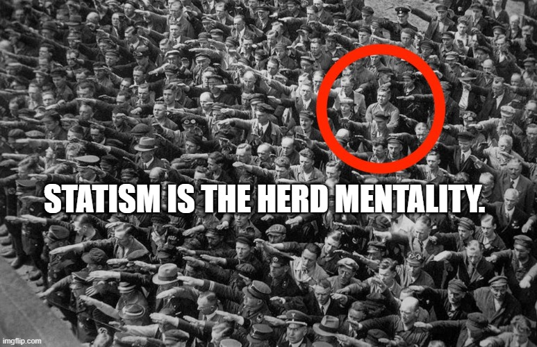 man alone in the crowd | STATISM IS THE HERD MENTALITY. | image tagged in man alone in the crowd | made w/ Imgflip meme maker