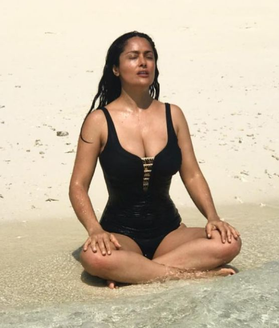 Salma Hayek boobs meditation Zen beach calm JPP Blank Meme Template