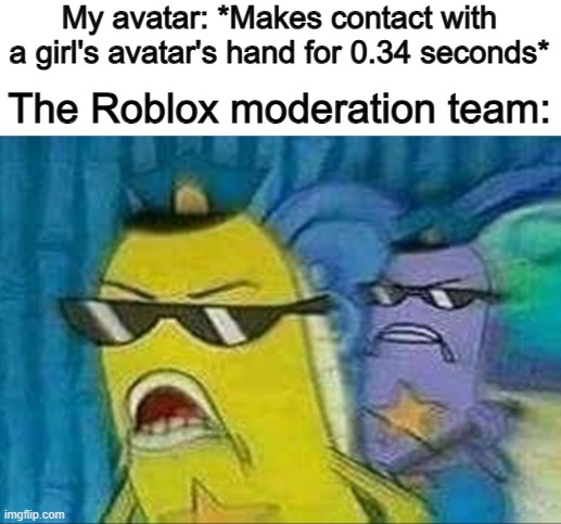 Wait, that's illegal... | My avatar: *Makes contact with a girl's avatar's hand for 0.34 seconds*; The Roblox moderation team: | made w/ Imgflip meme maker