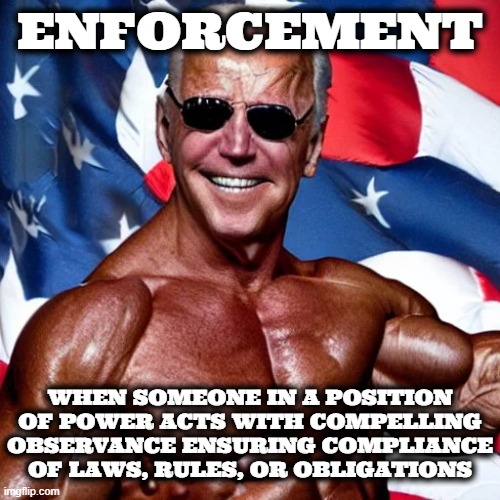 THE ENFORCER | ENFORCEMENT; WHEN SOMEONE IN A POSITION OF POWER ACTS WITH COMPELLING OBSERVANCE ENSURING COMPLIANCE OF LAWS, RULES, OR OBLIGATIONS | image tagged in president,enforcement,administration,boss,commander-in-chief,power | made w/ Imgflip meme maker