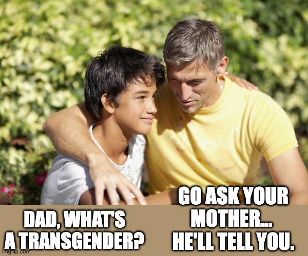 Trans-nonsense | GO ASK YOUR MOTHER...  HE'LL TELL YOU. DAD, WHAT'S A TRANSGENDER? | image tagged in son and dad | made w/ Imgflip meme maker