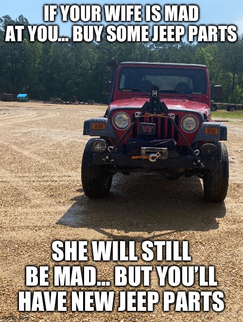 Dollythejeep send parts | IF YOUR WIFE IS MAD AT YOU… BUY SOME JEEP PARTS; SHE WILL STILL BE MAD… BUT YOU’LL HAVE NEW JEEP PARTS | image tagged in dollythejeep | made w/ Imgflip meme maker
