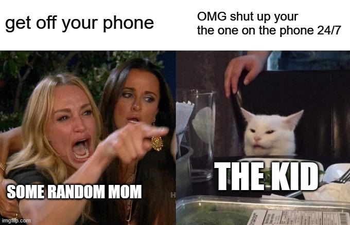 Woman Yelling At Cat | get off your phone; OMG shut up your the one on the phone 24/7; THE KID; SOME RANDOM MOM | image tagged in memes,woman yelling at cat | made w/ Imgflip meme maker