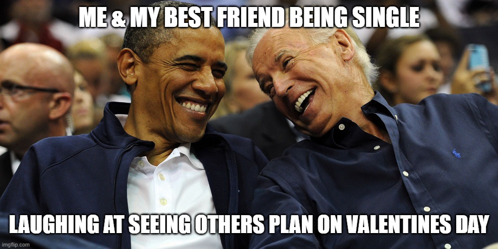 Obama & Biden laughing | ME & MY BEST FRIEND BEING SINGLE; LAUGHING AT SEEING OTHERS PLAN ON VALENTINES DAY | image tagged in obama biden laughing | made w/ Imgflip meme maker