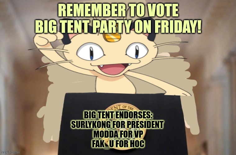 Would moewth lie to you? | REMEMBER TO VOTE BIG TENT PARTY ON FRIDAY! BIG TENT ENDORSES:
SURLYKONG FOR PRESIDENT 
MODDA FOR VP
FAK_U FOR HOC | image tagged in meowth party,yes,yes he would,vote big tent | made w/ Imgflip meme maker