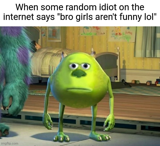 Mike Wazowski Bruh | When some random idiot on the internet says "bro girls aren't funny lol" | image tagged in mike wazowski bruh | made w/ Imgflip meme maker
