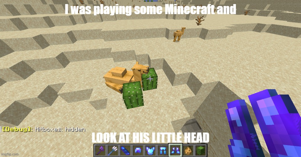 Resting Camel | I was playing some Minecraft and; LOOK AT HIS LITTLE HEAD | image tagged in cute,cactus,camel,wow all of the tags start with c | made w/ Imgflip meme maker