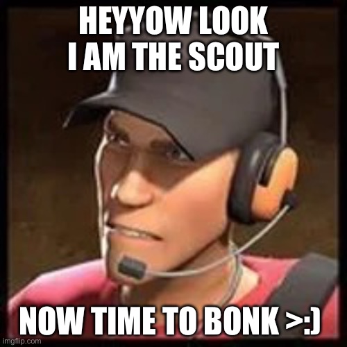 Iodnrnuoeffhecuuj | HEYYOW LOOK I AM THE SCOUT; NOW TIME TO BONK >:) | image tagged in scout i guess | made w/ Imgflip meme maker