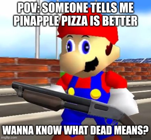 SMG4 Shotgun Mario | POV: SOMEONE TELLS ME PINAPPLE PIZZA IS BETTER; WANNA KNOW WHAT DEAD MEANS? | image tagged in smg4 shotgun mario | made w/ Imgflip meme maker