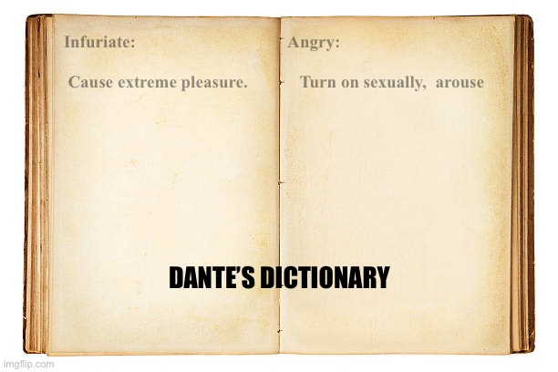 Opposite dictionary | Infuriate:                                   Angry:

   
 Cause extreme pleasure.            Turn on sexually,  arouse; DANTE’S DICTIONARY | image tagged in open book | made w/ Imgflip meme maker